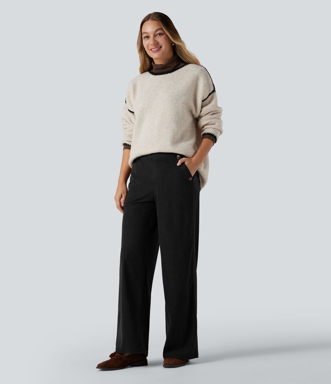 High Waisted Straight Leg Corduroy Casual Pants with Pockets
