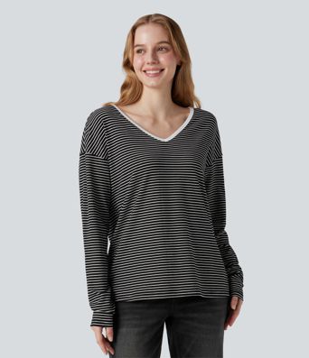 V-neck Long Sleeve Stripes Casual T-Shirt