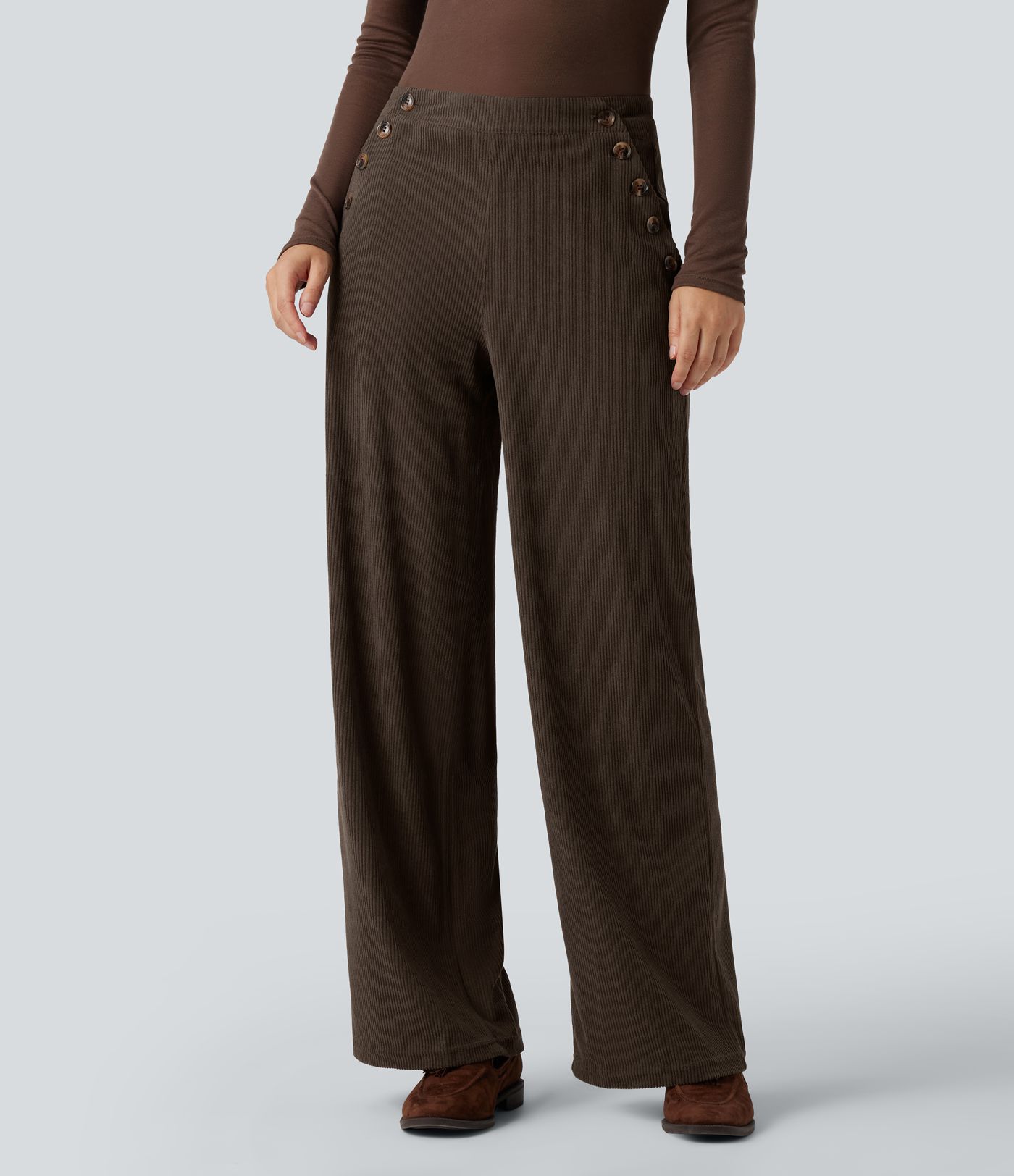 High Waisted Straight Leg Corduroy Casual Pants with Pockets
