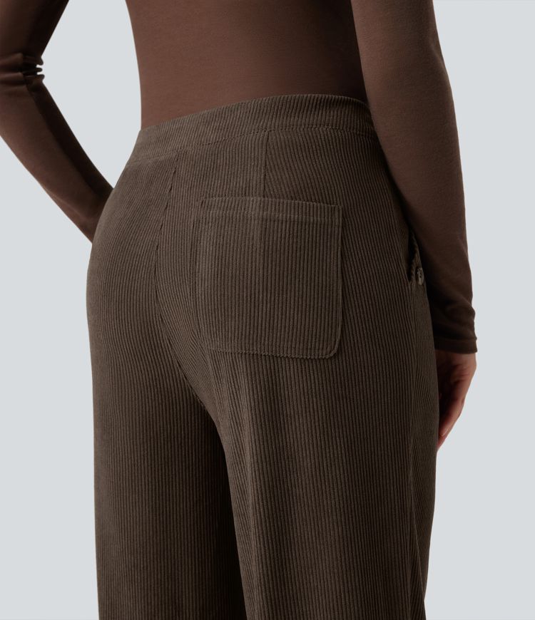 High Waisted Straight Leg Corduroy Casual Pants with Pockets