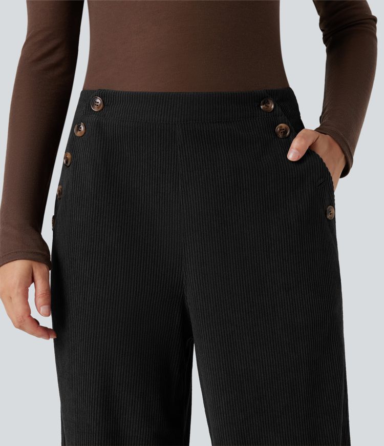 High Waisted Straight Leg Corduroy Casual Pants with Pockets