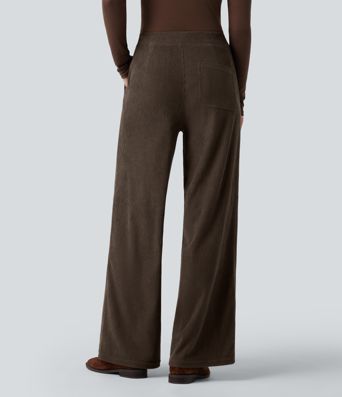 High Waisted Straight Leg Corduroy Casual Pants with Pockets