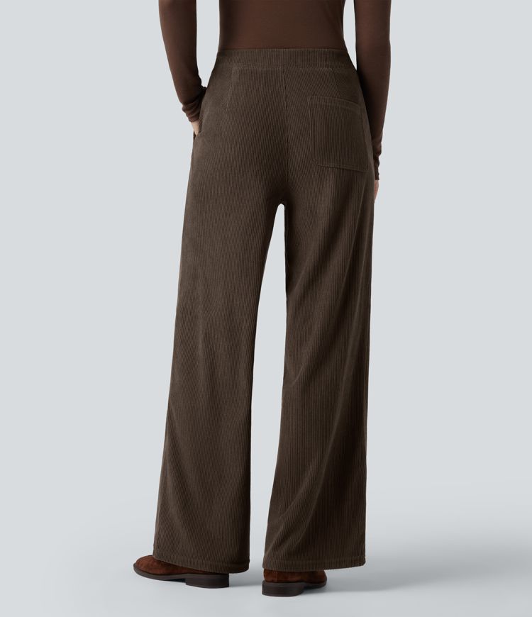 High Waisted Straight Leg Corduroy Casual Pants with Pockets