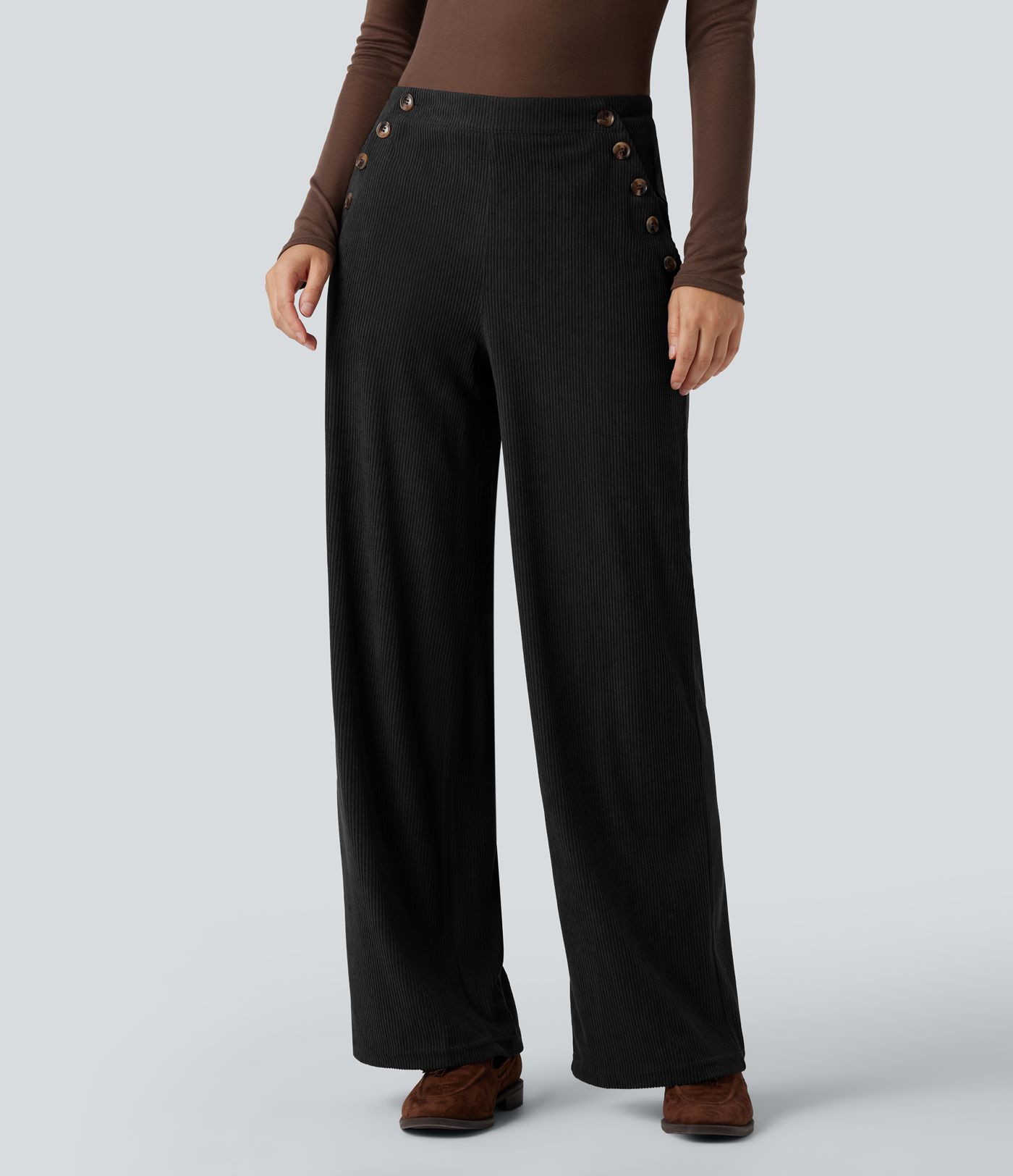 High Waisted Straight Leg Corduroy Casual Pants with Pockets