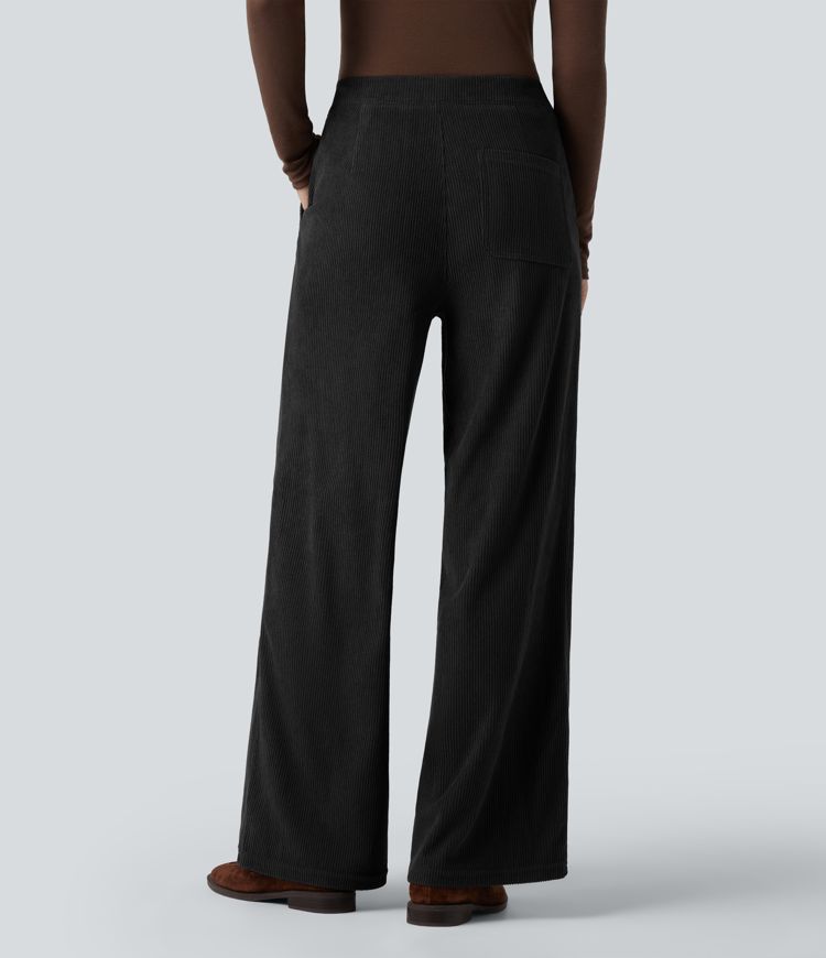 High Waisted Straight Leg Corduroy Casual Pants with Pockets