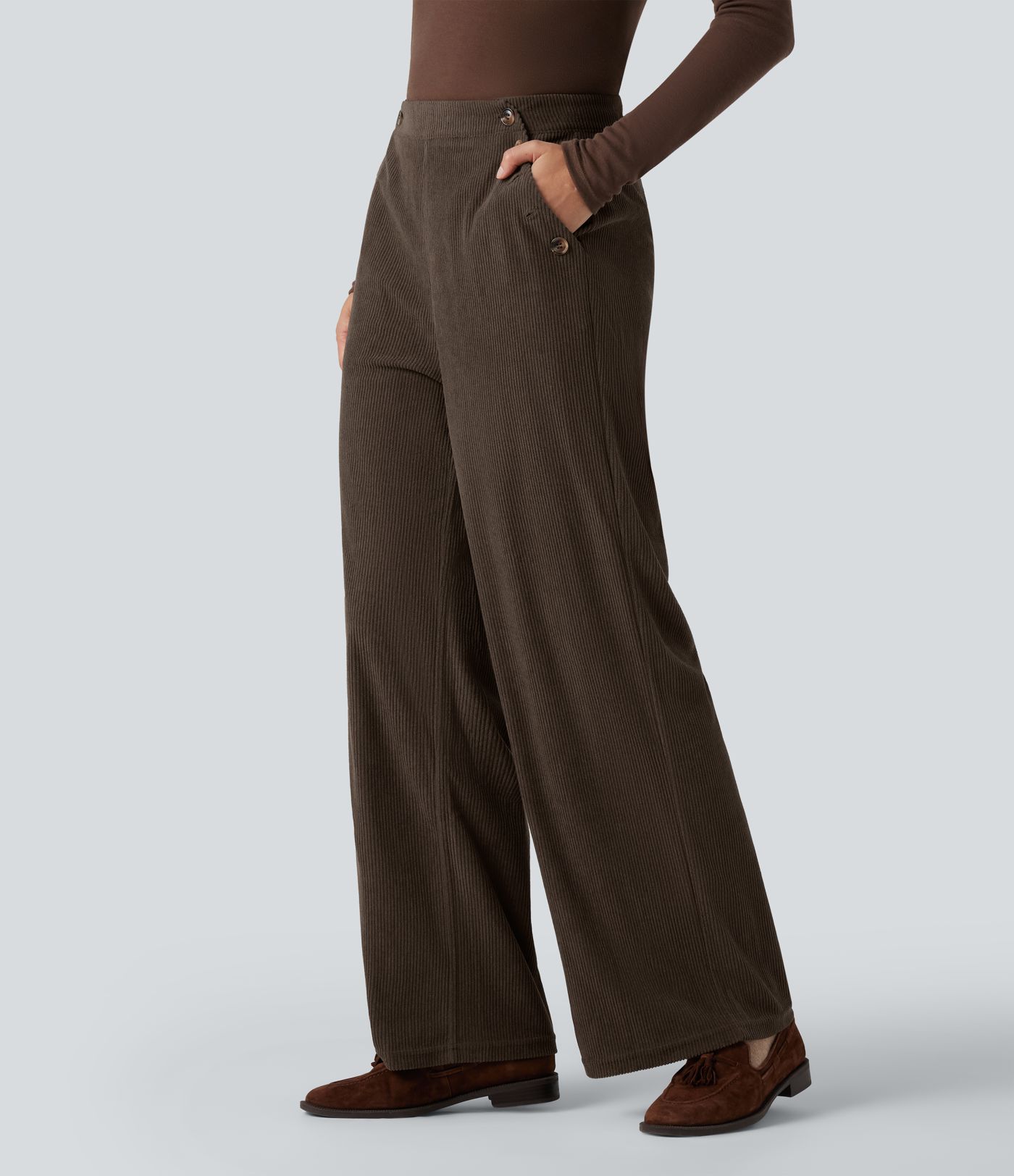 High Waisted Straight Leg Corduroy Casual Pants with Pockets