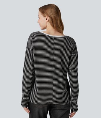 V-neck Long Sleeve Stripes Casual T-Shirt