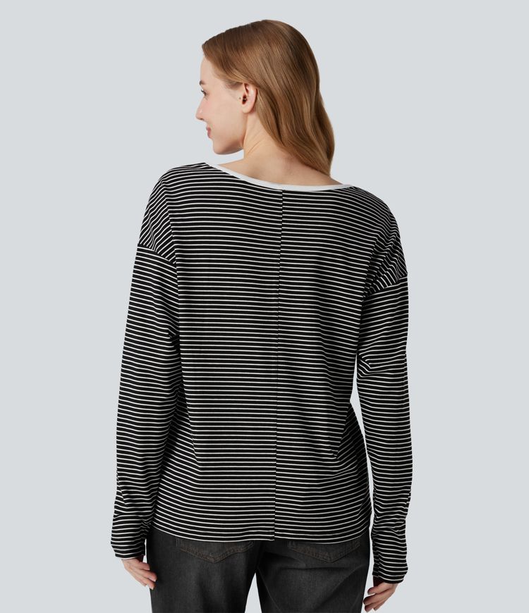 V-neck Long Sleeve Stripes Casual T-Shirt
