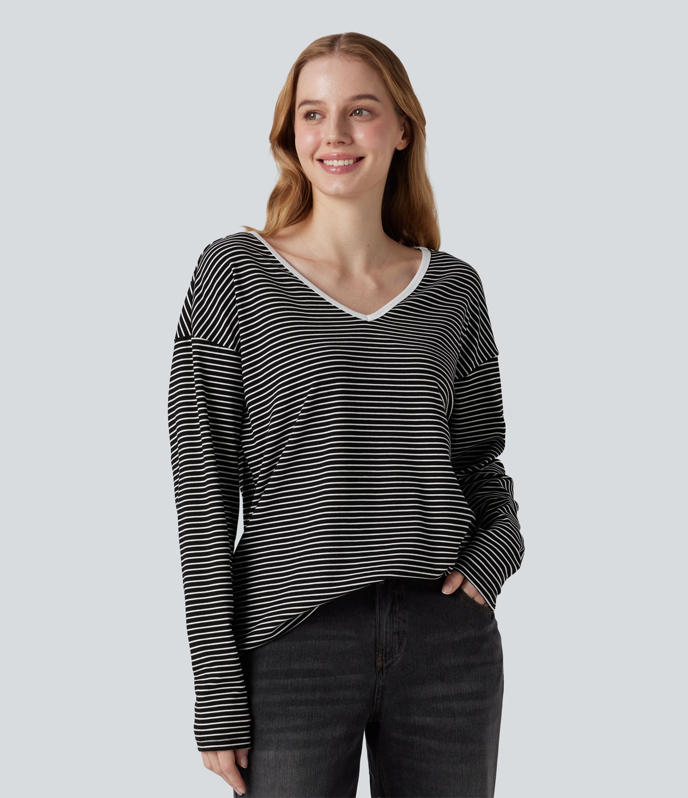 V-neck Long Sleeve Stripes Casual T-Shirt