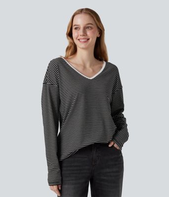 V-neck Long Sleeve Stripes Casual T-Shirt