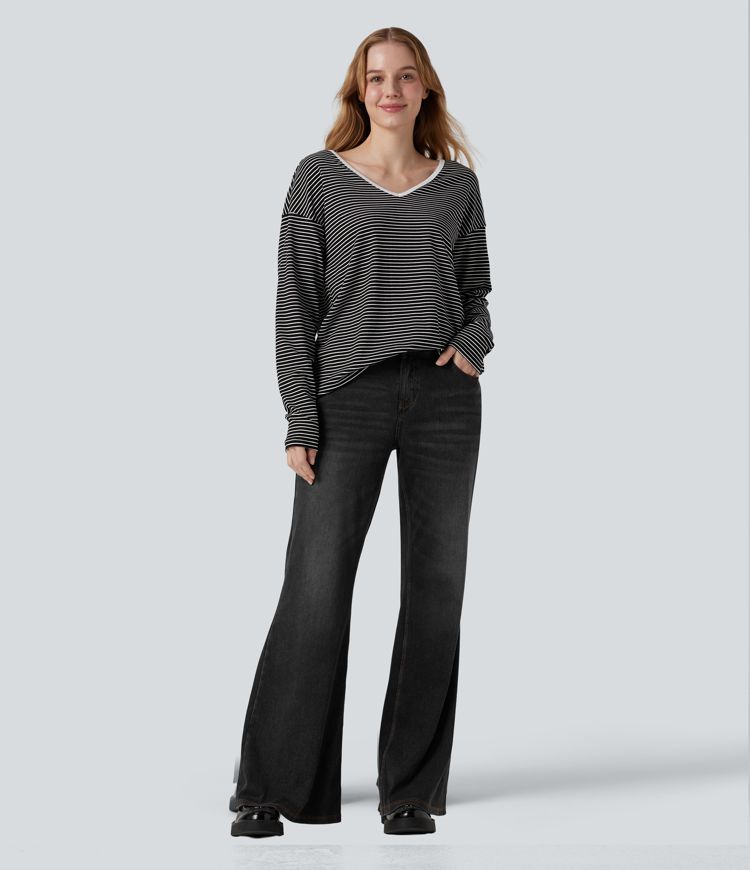 V-neck Long Sleeve Stripes Casual T-Shirt