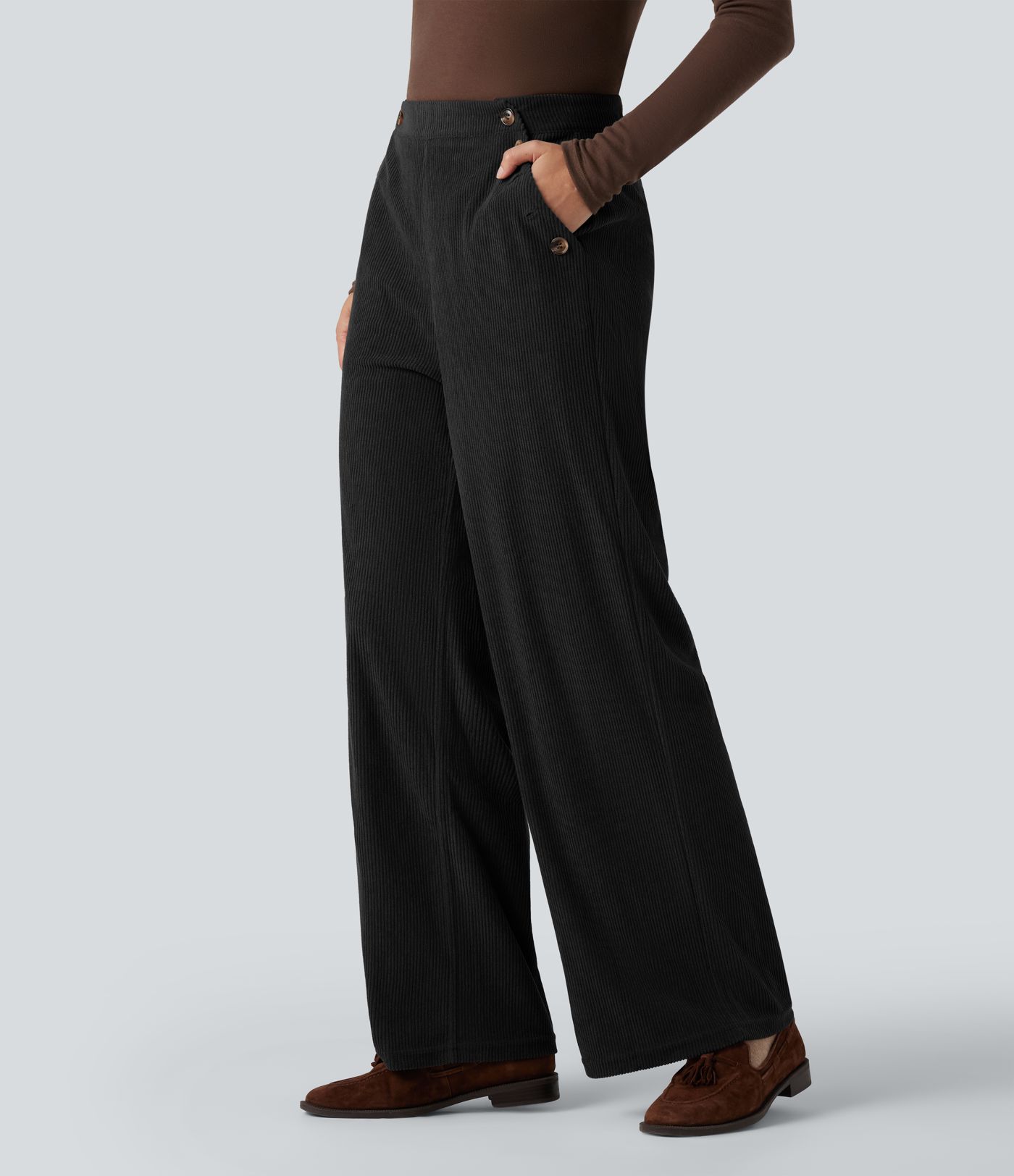 High Waisted Straight Leg Corduroy Casual Pants with Pockets
