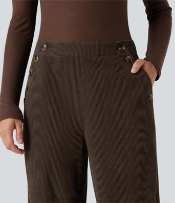 High Waisted Straight Leg Corduroy Casual Pants with Pockets