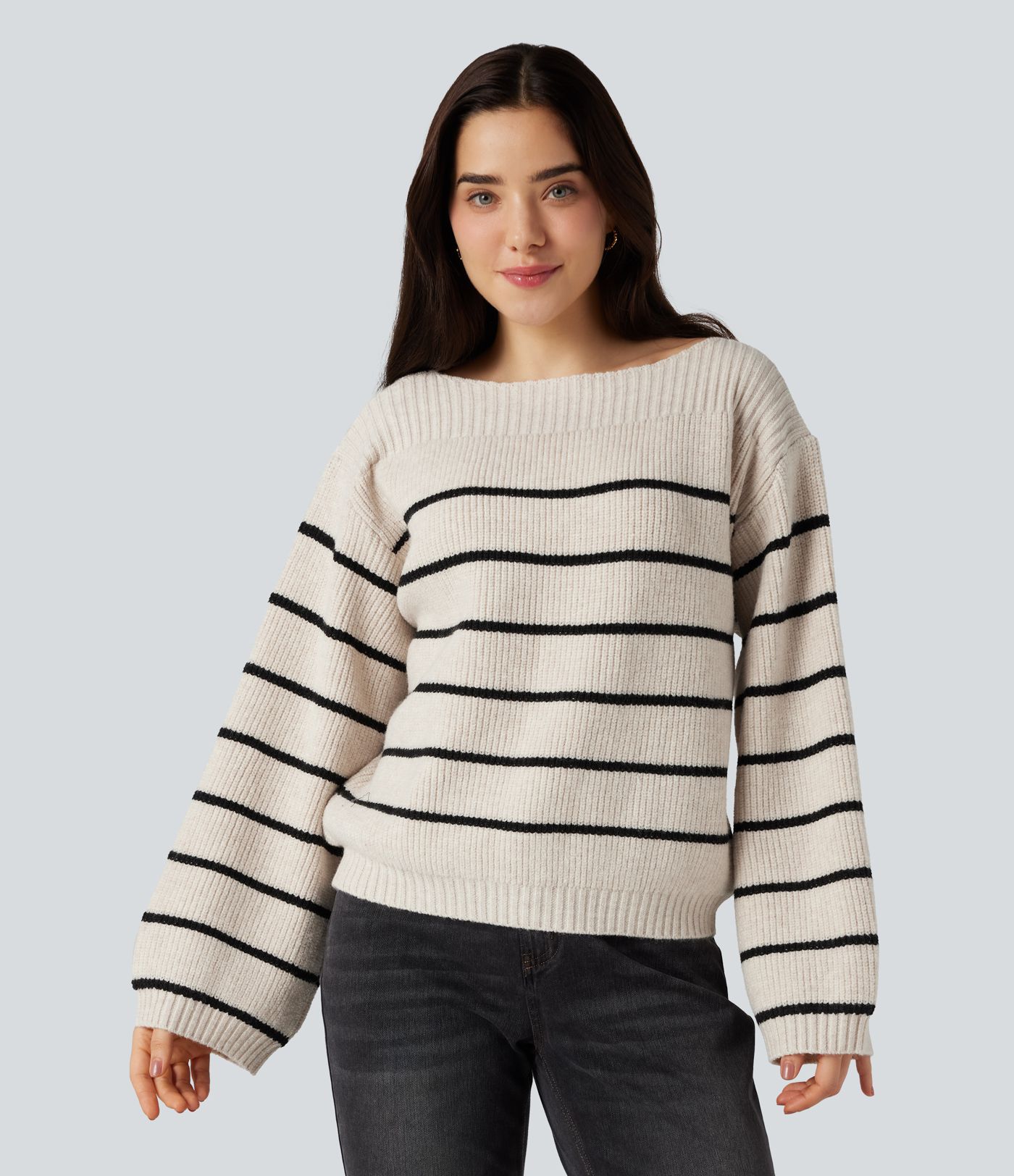 Pull tailleur rayé col bateau manches longues