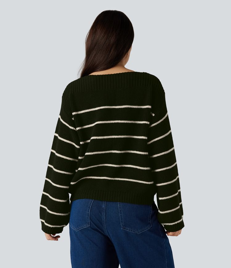 Gestreifter Langarm-Arbeitspullover mit U-Boot-Ausschnitt