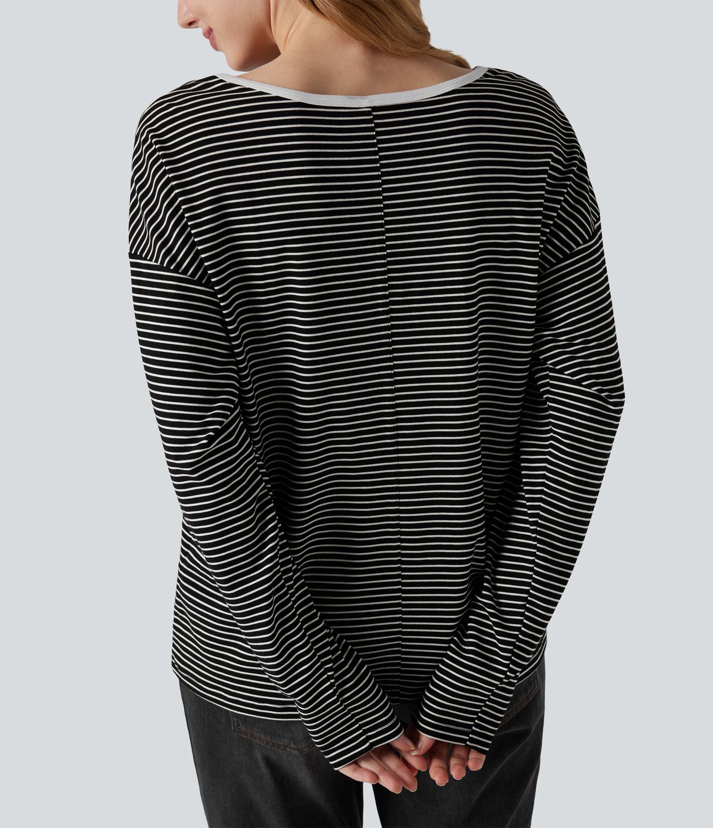 V-neck Long Sleeve Stripes Casual T-Shirt