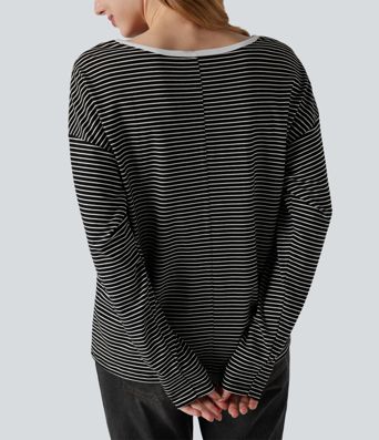 V-neck Long Sleeve Stripes Casual T-Shirt