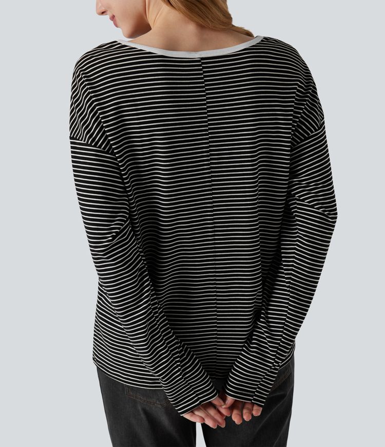 V-neck Long Sleeve Stripes Casual T-Shirt