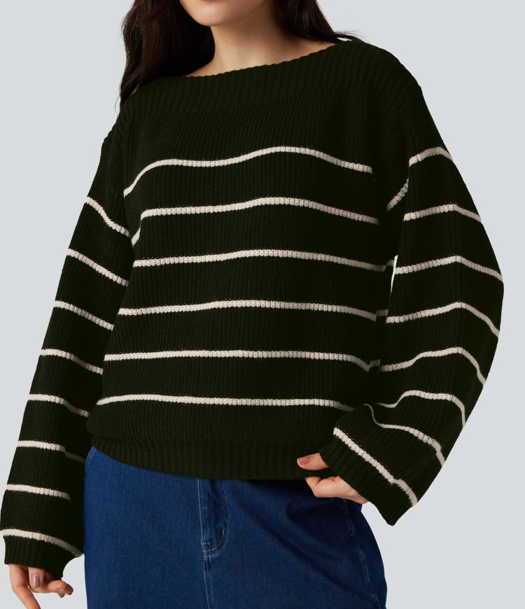 Gestreifter Langarm-Arbeitspullover mit U-Boot-Ausschnitt