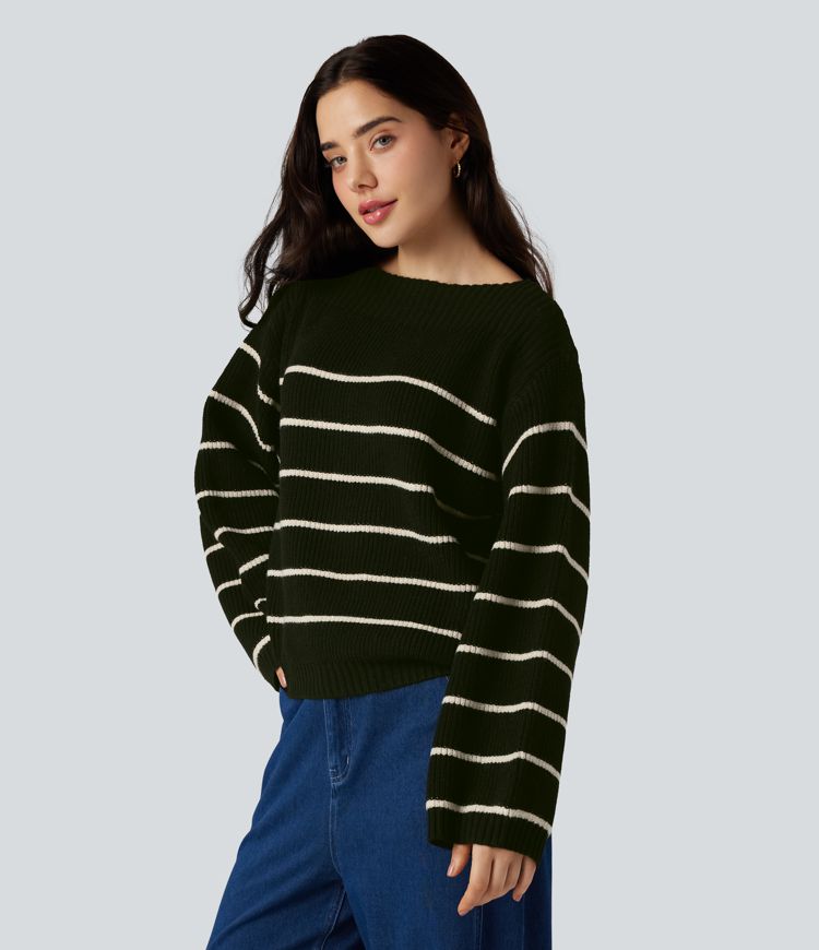 Gestreifter Langarm-Arbeitspullover mit U-Boot-Ausschnitt