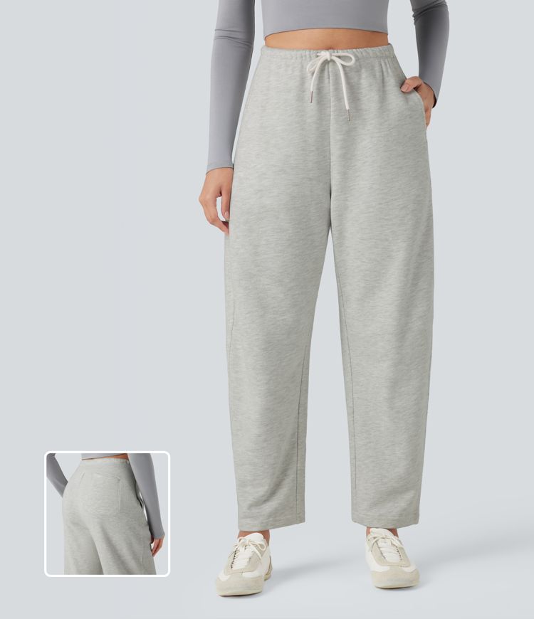 Pantalon barrel chiné taille haute avec cordon de serrage et poches