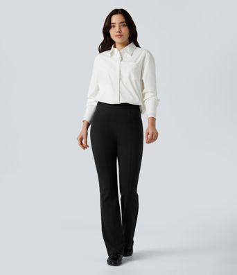 Crossover High Waisted Work Flare Pants with Pockets