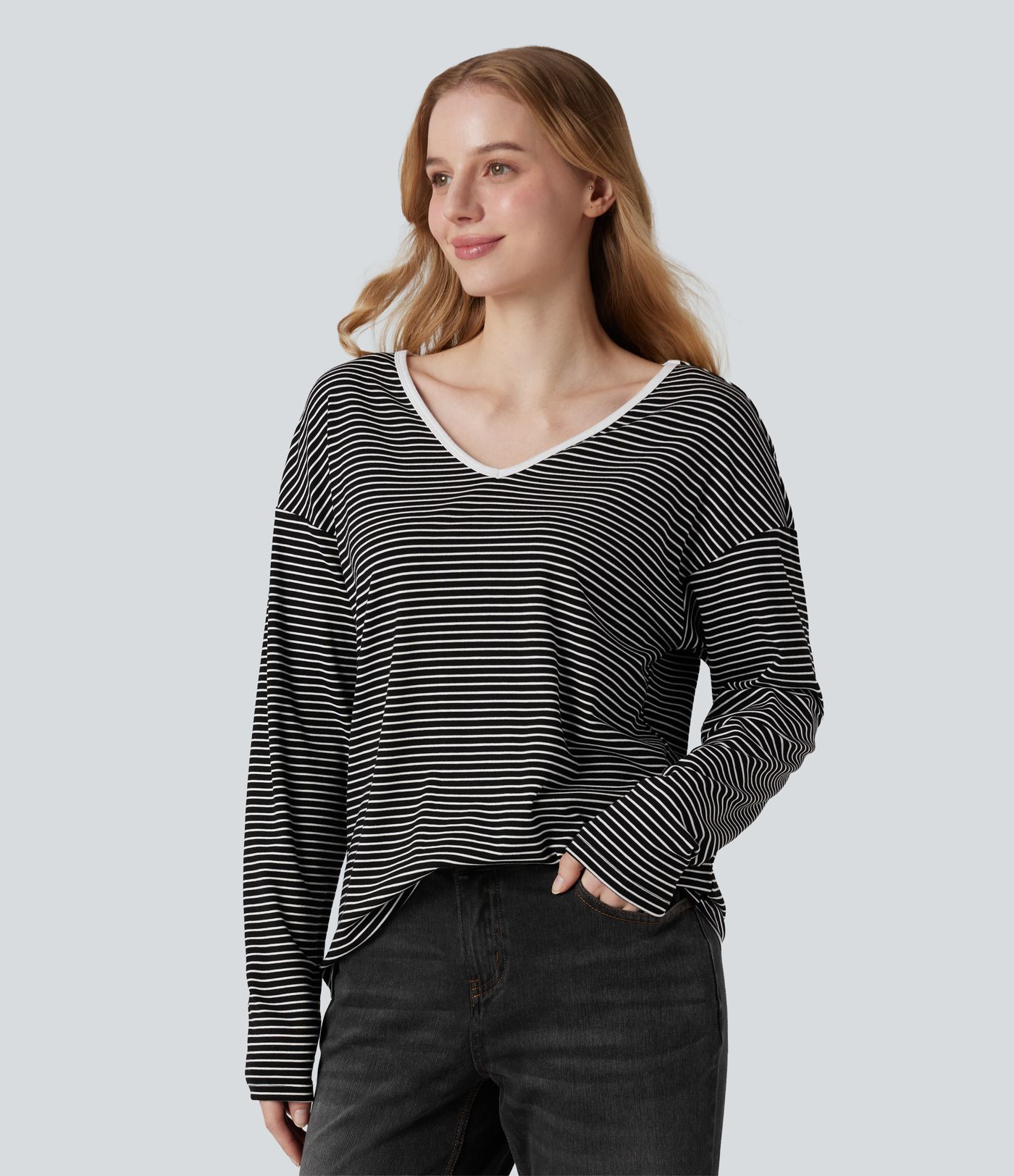 V-neck Long Sleeve Stripes Casual T-Shirt