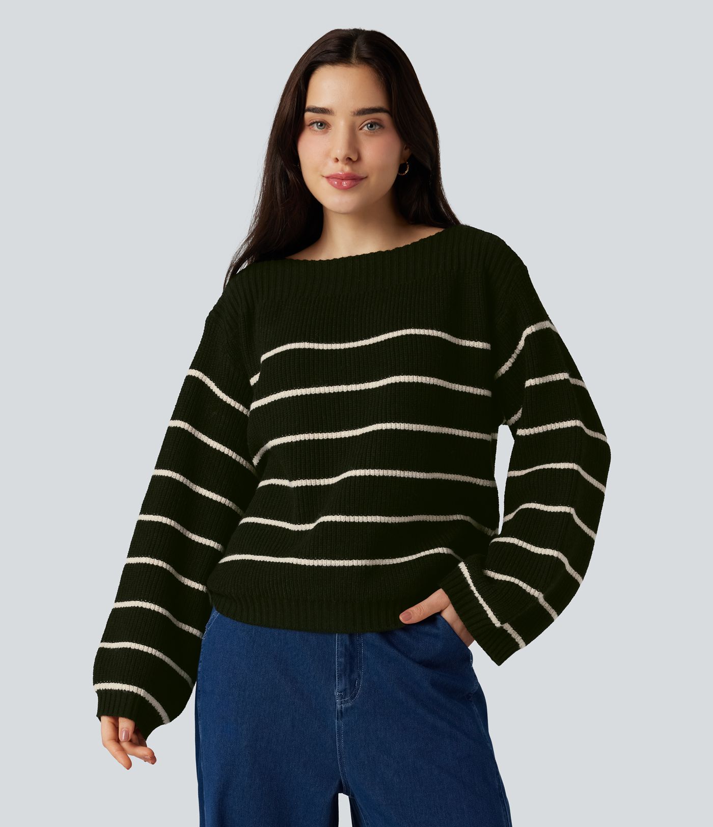 Gestreifter Langarm-Arbeitspullover mit U-Boot-Ausschnitt