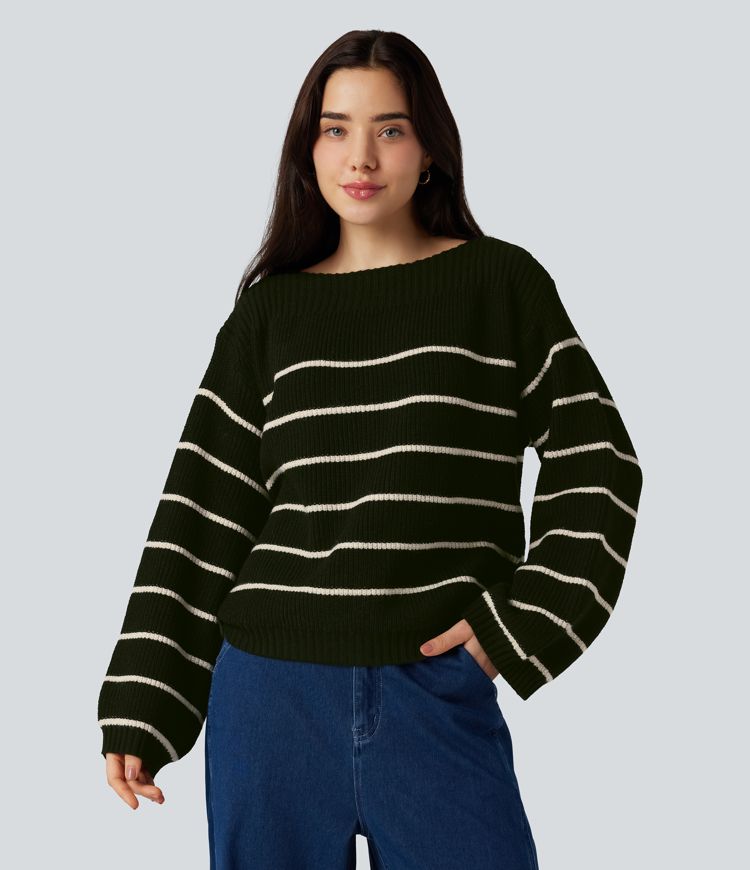 Gestreifter Langarm-Arbeitspullover mit U-Boot-Ausschnitt