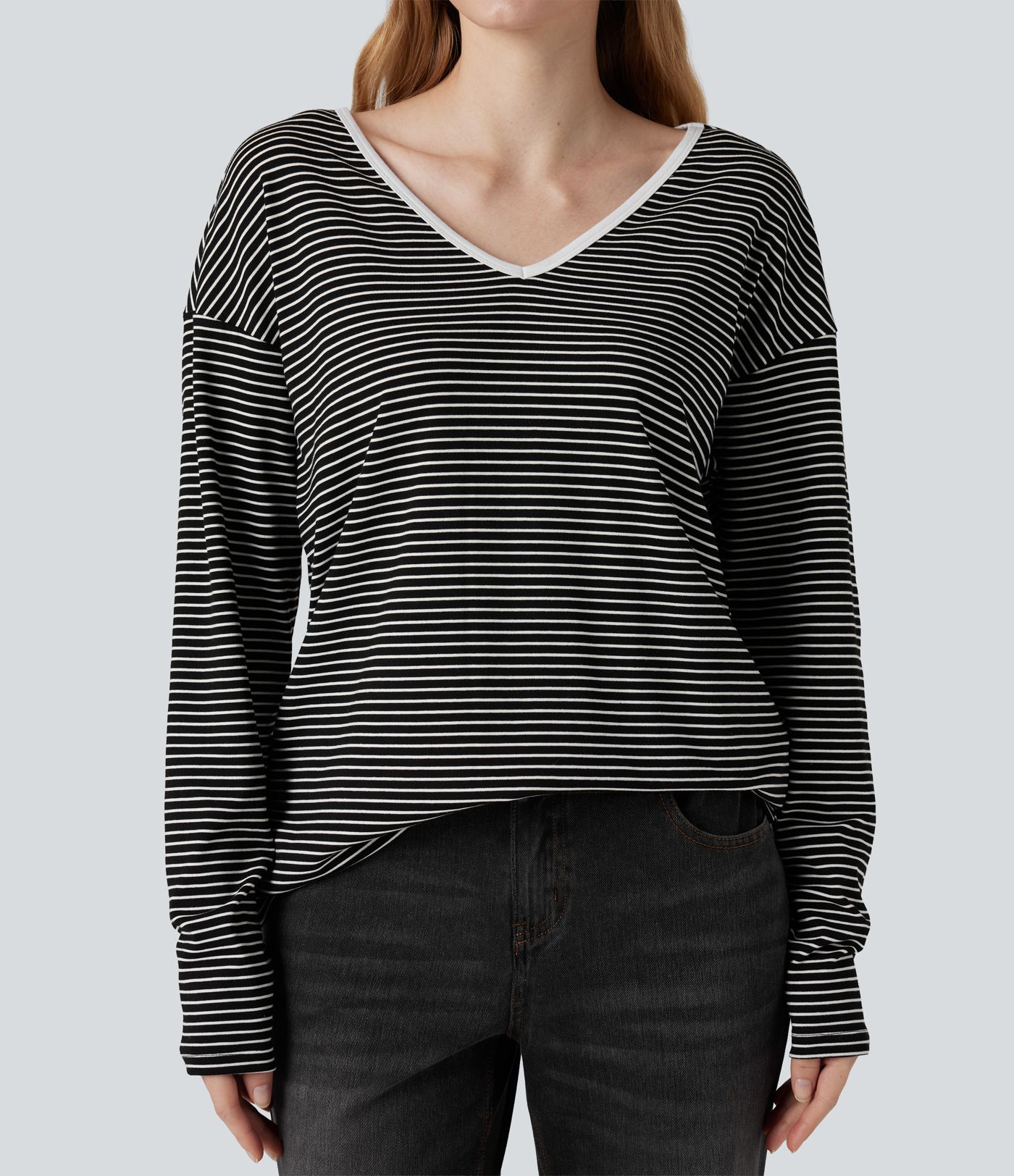 V-neck Long Sleeve Stripes Casual T-Shirt