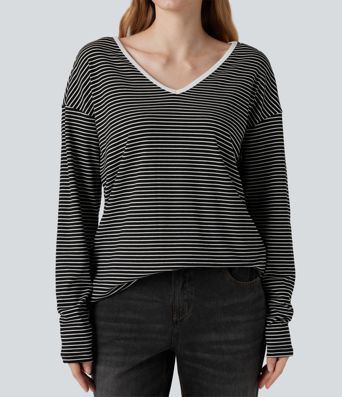 V-neck Long Sleeve Stripes Casual T-Shirt