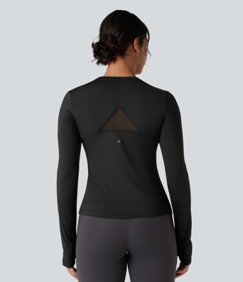 Long Sleeve Thumb Holes Contrast Mesh Workout Sports Top