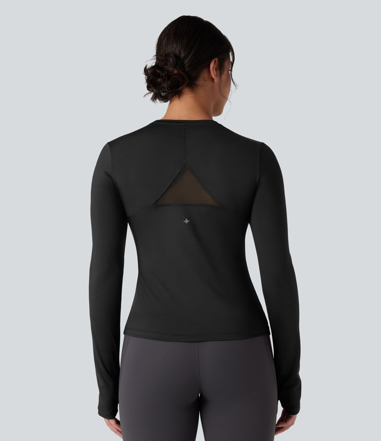 Long Sleeve Thumb Holes Contrast Mesh Workout Sports Top