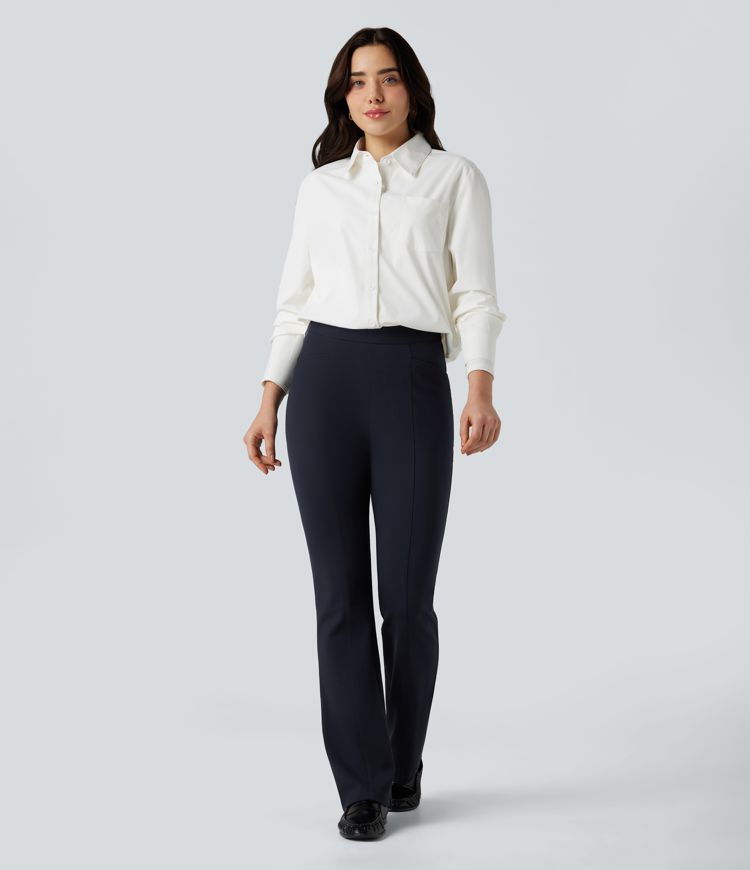 Crossover High Waisted Work Flare Trousers with Pockets
