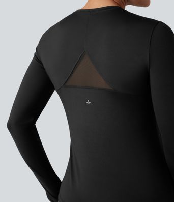 Long Sleeve Thumb Holes Contrast Mesh Workout Sports Top