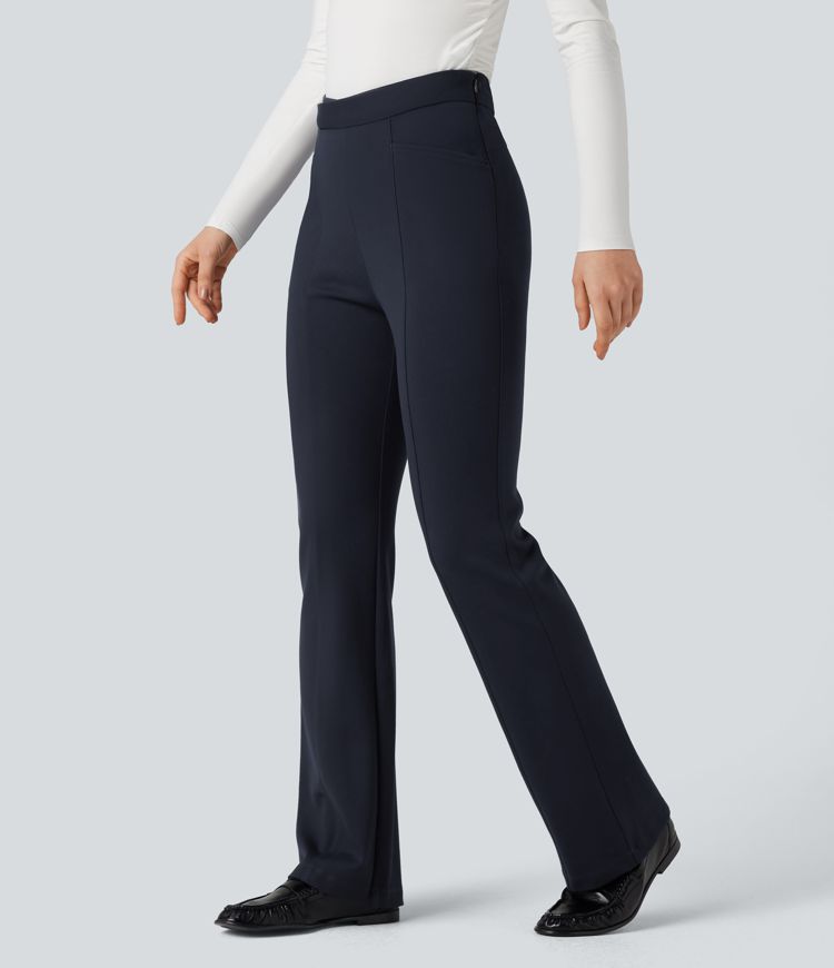 Crossover High Waisted Work Flare Trousers with Pockets