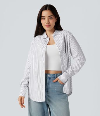 Collar Long Sleeve Curved Hem Stripes Relaxed Casual Shirt