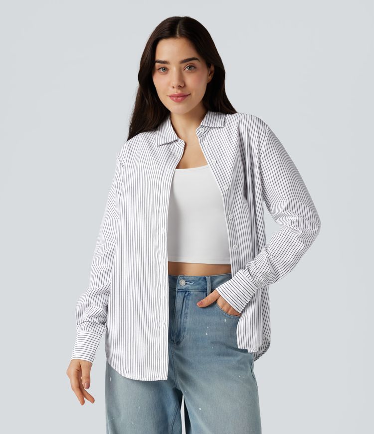 Collar Long Sleeve Curved Hem Stripes Relaxed Casual Shirt