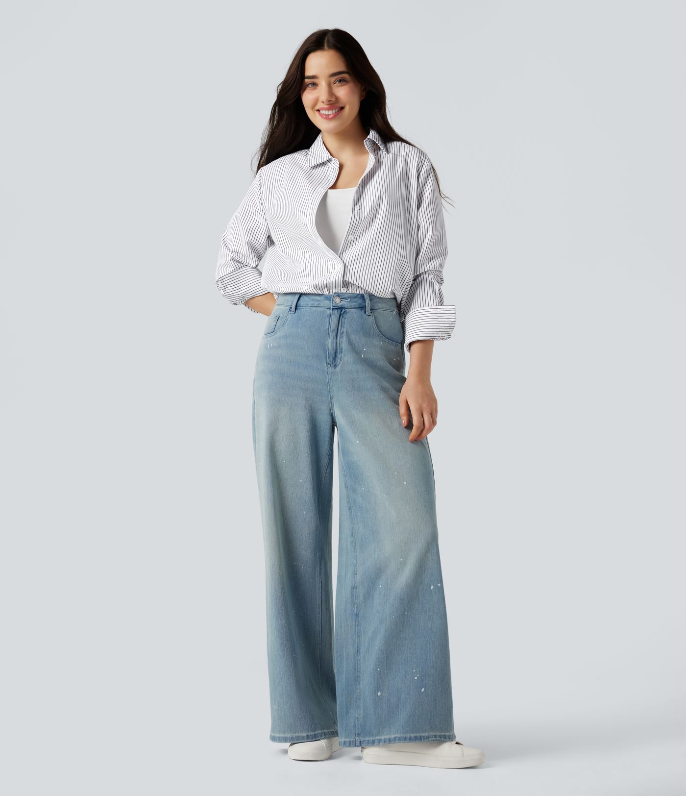 Collar Long Sleeve Curved Hem Stripes Relaxed Casual Shirt