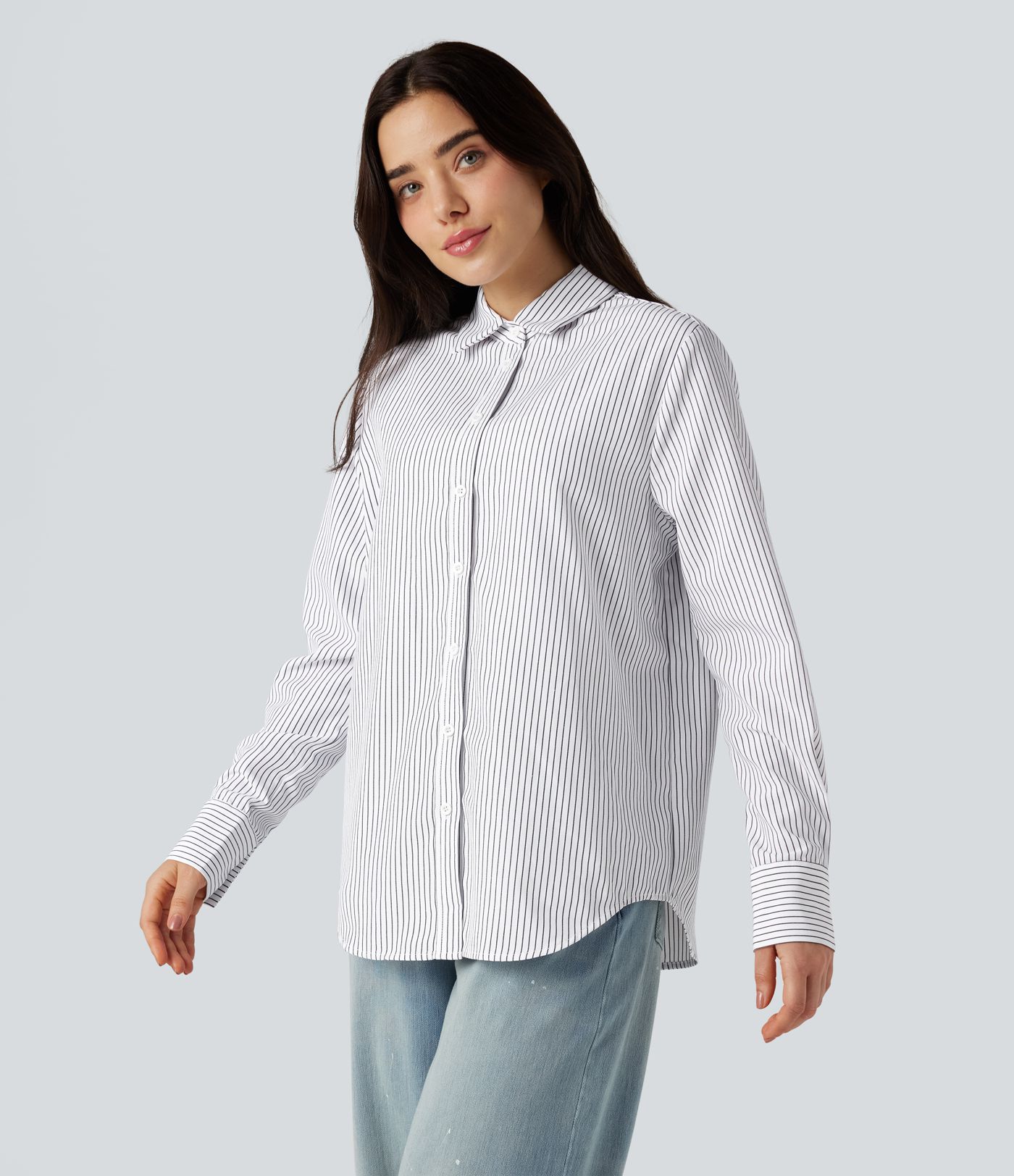 Collar Long Sleeve Curved Hem Stripes Relaxed Casual Shirt