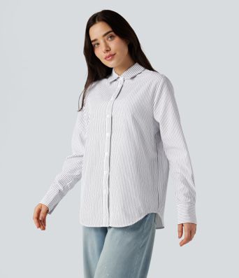 Collar Long Sleeve Curved Hem Stripes Relaxed Casual Shirt