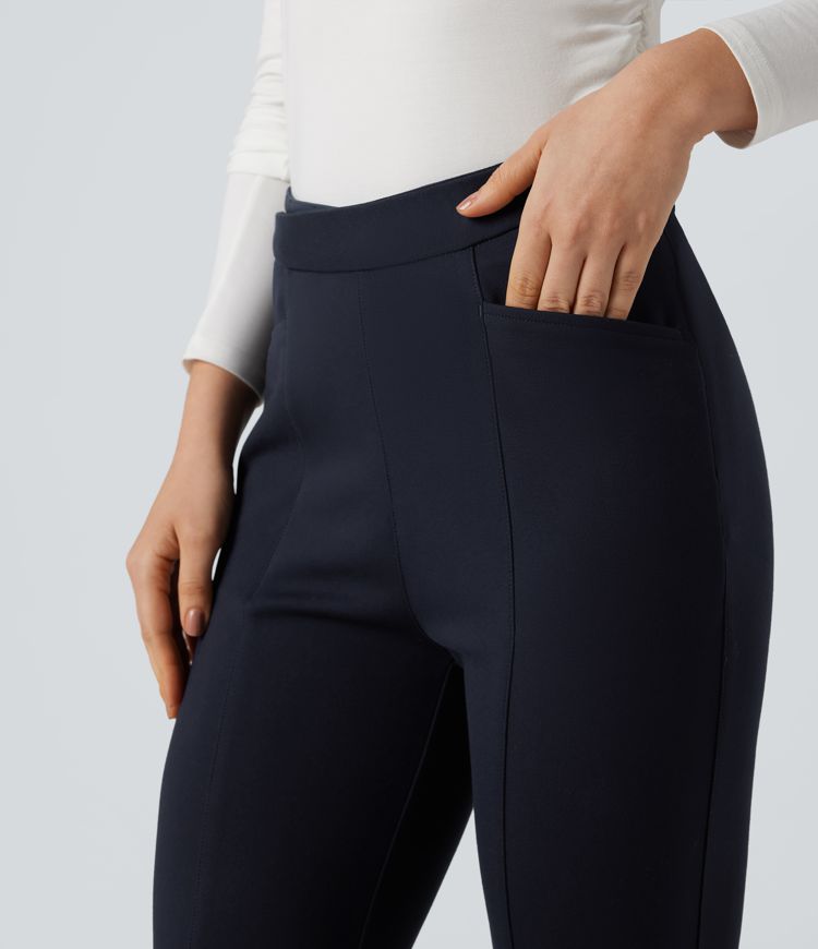 Crossover High Waisted Work Flare Trousers with Pockets