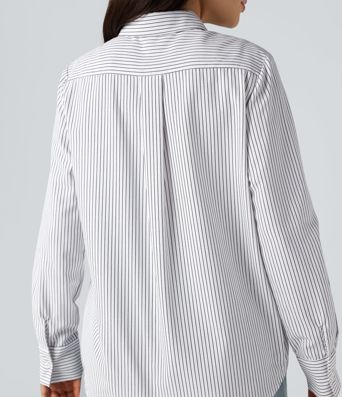 Collar Long Sleeve Curved Hem Stripes Relaxed Casual Shirt
