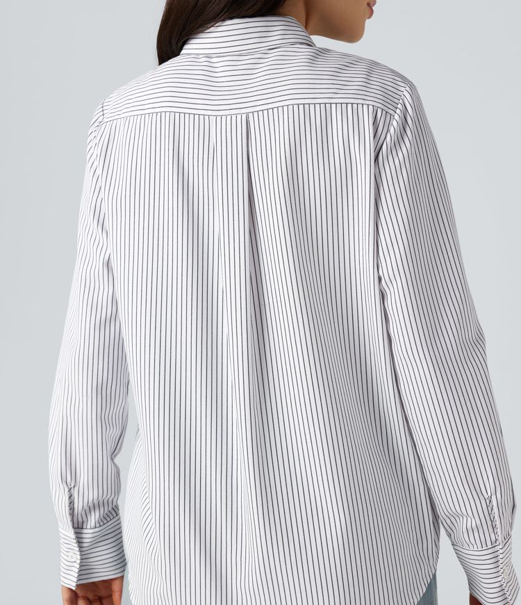 Collar Long Sleeve Curved Hem Stripes Relaxed Casual Shirt