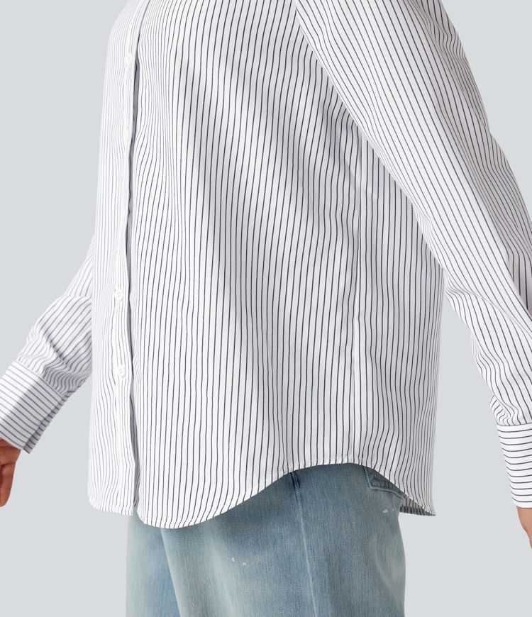 Collar Long Sleeve Curved Hem Stripes Relaxed Casual Shirt