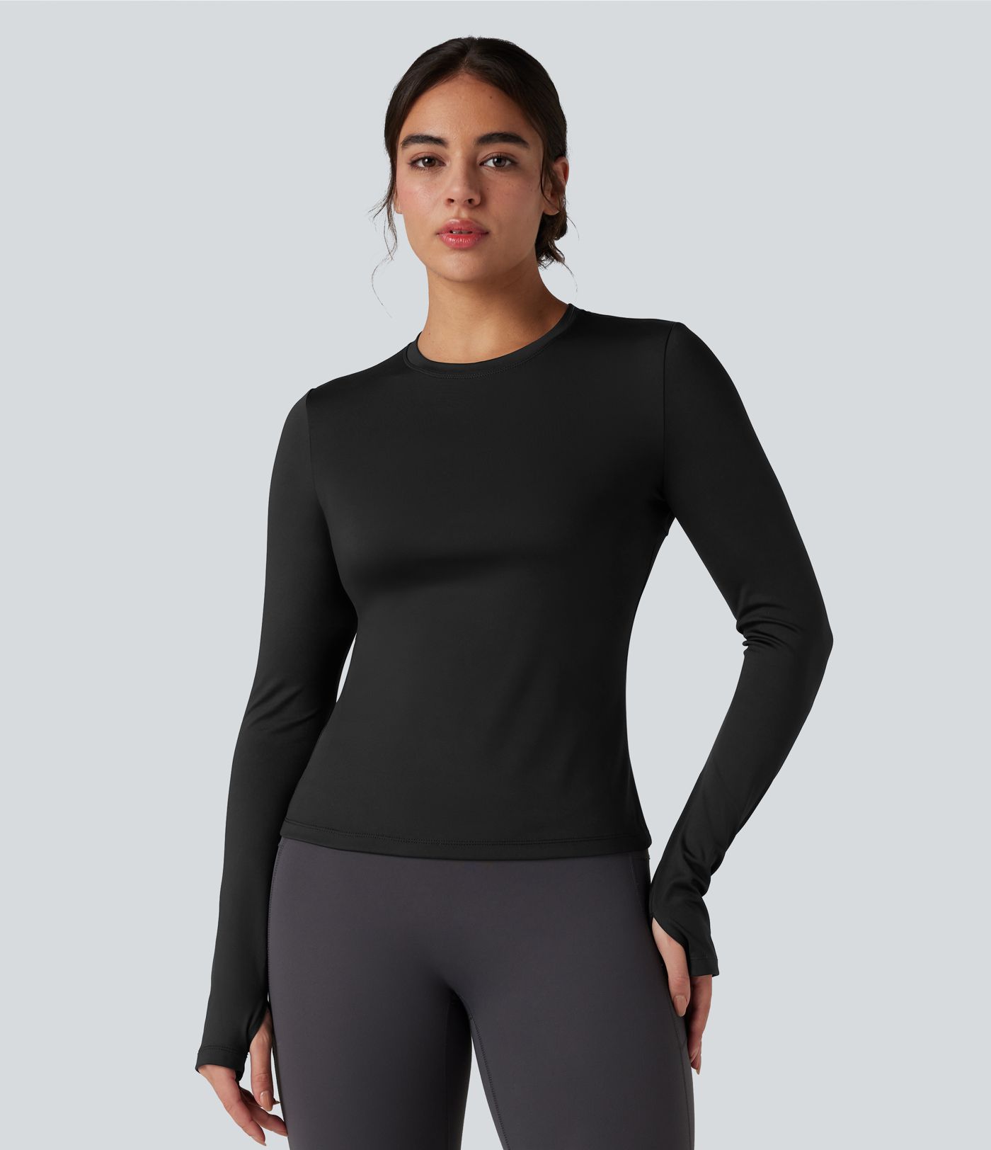 Long Sleeve Thumb Holes Contrast Mesh Workout Sports Top