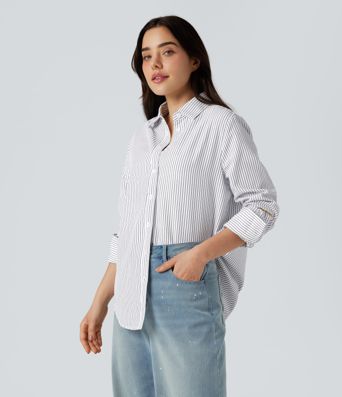 Collar Long Sleeve Curved Hem Stripes Relaxed Casual Shirt