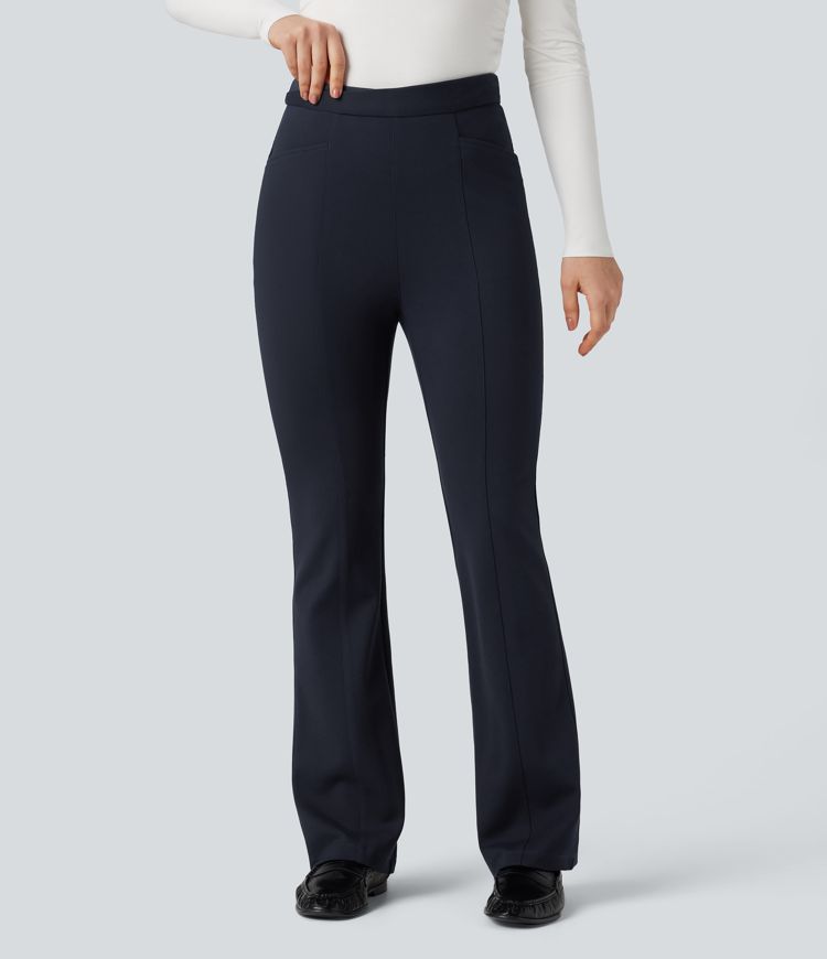 Crossover High Waisted Work Flare Trousers with Pockets