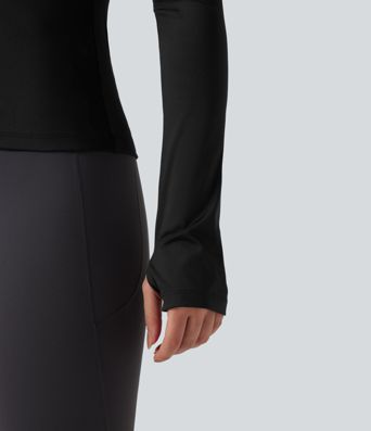 Long Sleeve Thumb Holes Contrast Mesh Workout Sports Top