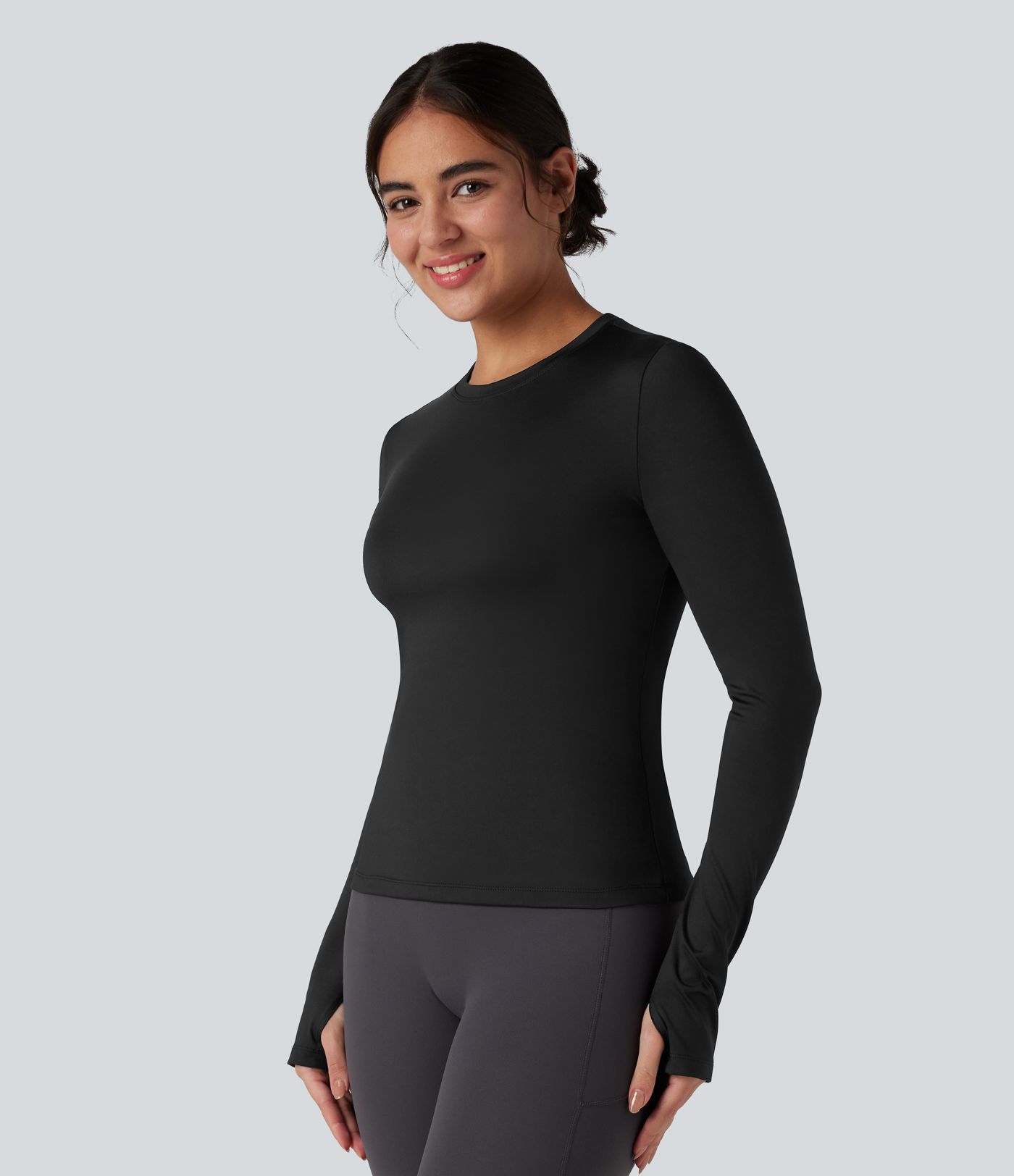 Long Sleeve Thumb Holes Contrast Mesh Workout Sports Top